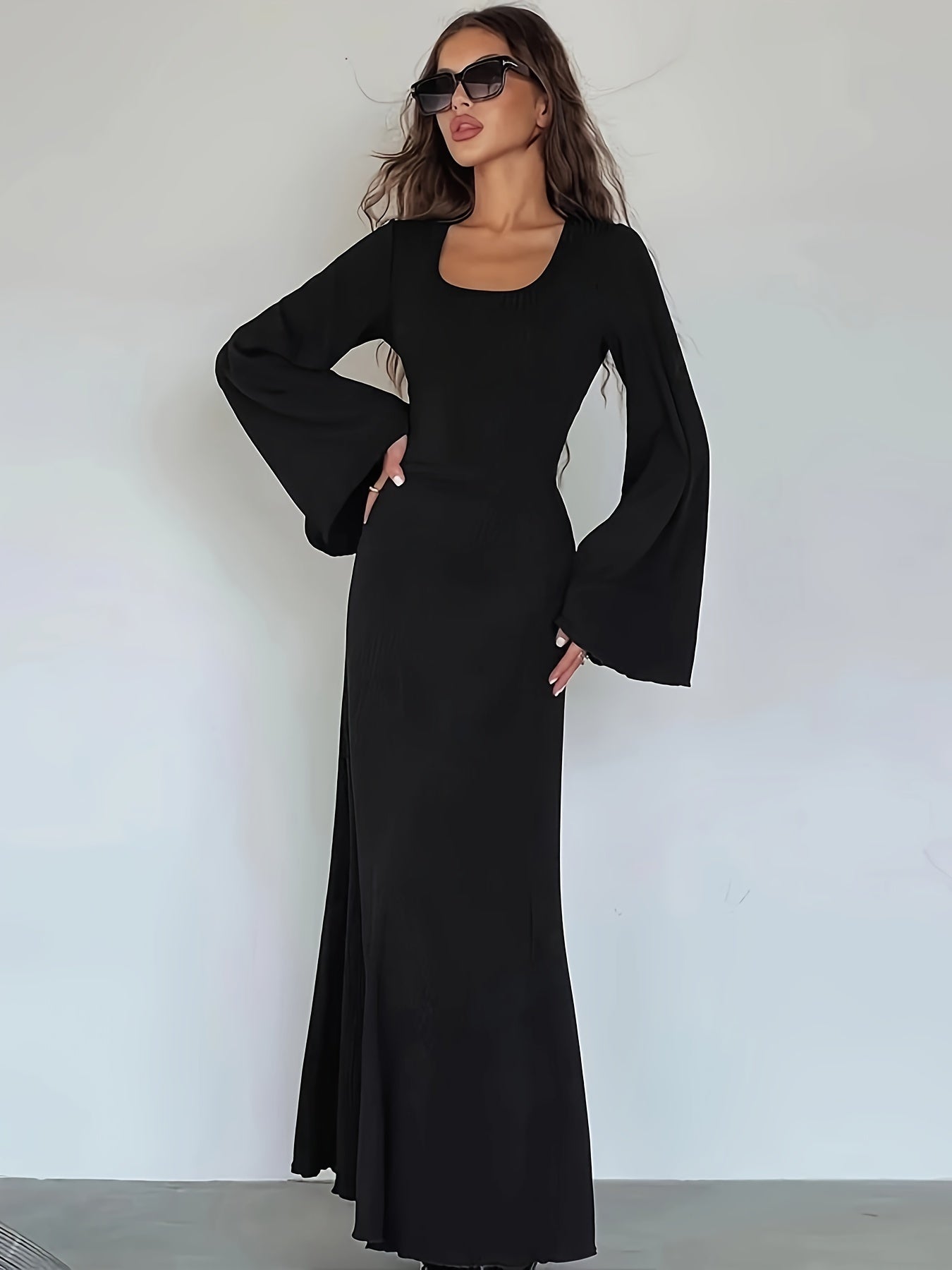 xieyinshe Solid Flared Long Sleeve Dress, Casual Squared Neck Maxi Dress, Women's Clothing