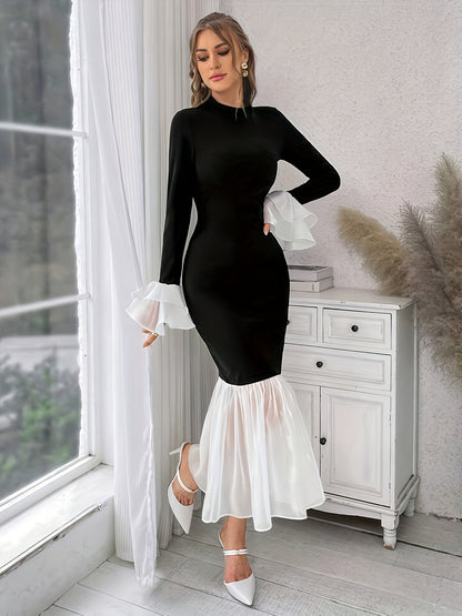 xieyinshe  Color Block Bodycon Dress, Elegant Mock Neck Long Sleeve Dress For Party & Banquet, Women's Clothing