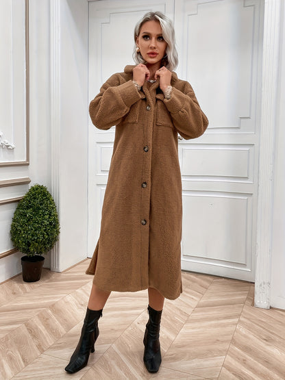 xieyinshe Button Front Teddy Coat, Casual Solid Long Sleeve Versatile Outerwear, Women's Clothing