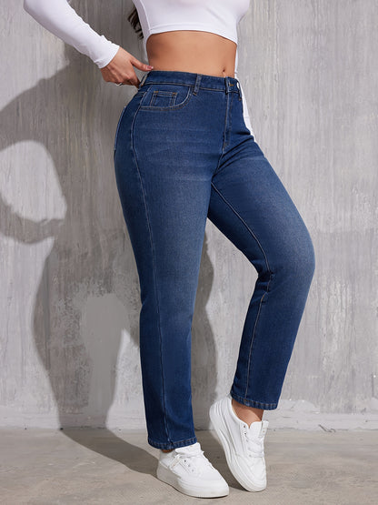 xieyinshe  Plush Liner Casual Straight Jeans, Slant Pockets Versatile Denim Pants, Women's Denim Jeans & Clothing