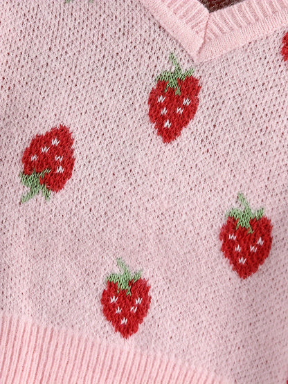 Cozy Strawberry Jacquard Knit Long Sleeve Sweater for Girls - Soft V-Neck Pullover Design, Cute and Stylish, Perfect for Casual Wear - Winter Fashion Essential