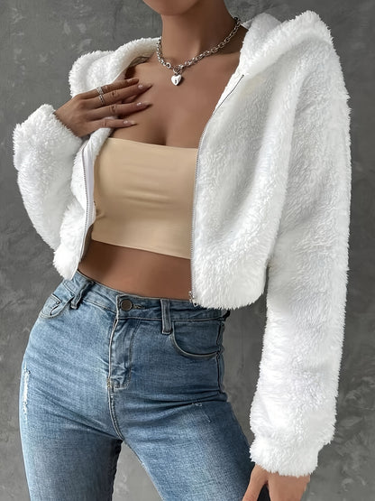 Solid Zipper Hooded Crop Coat, Casual Faux Fur Thermal Outwear, Women's Clothing