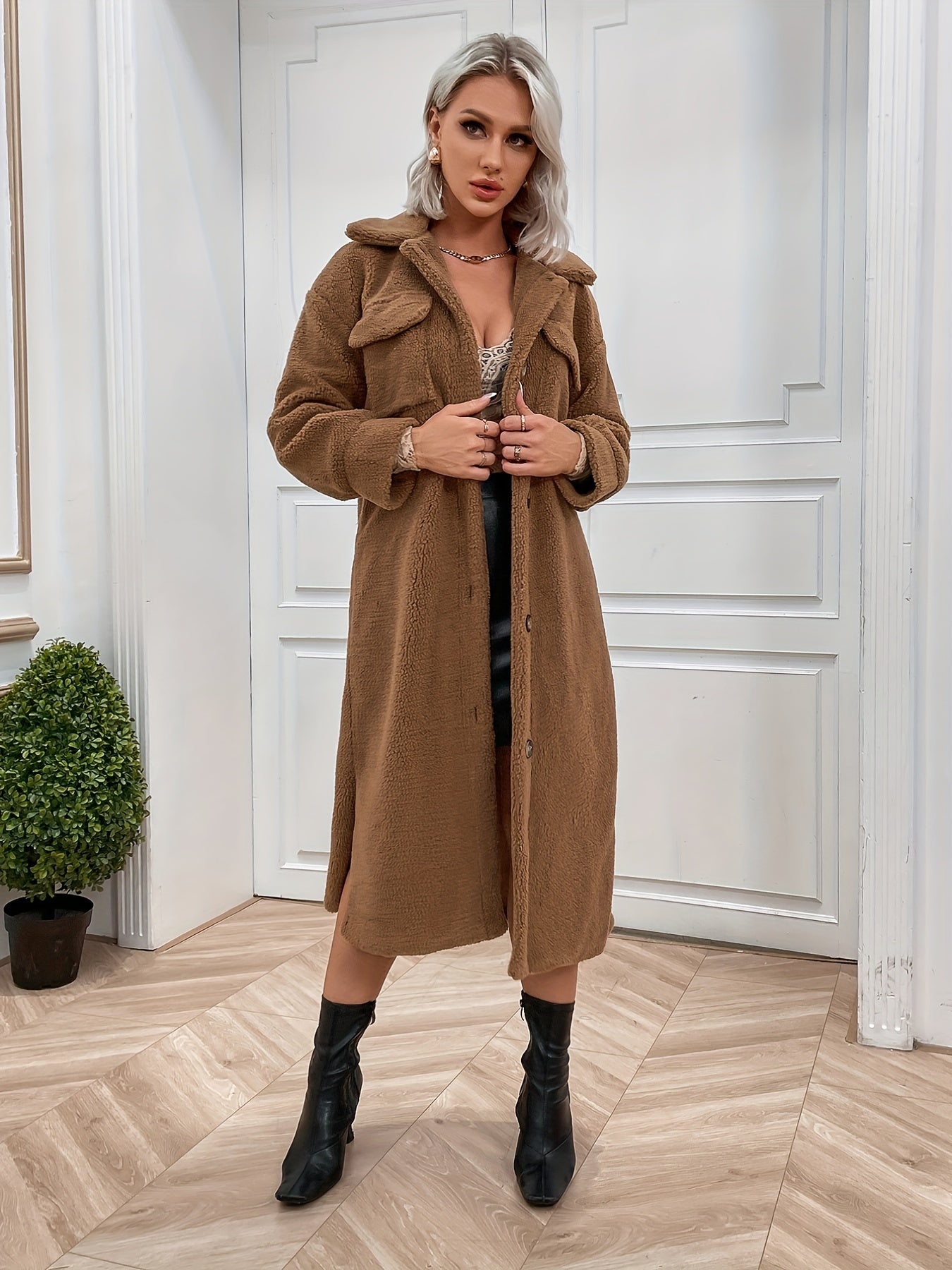 xieyinshe Button Front Teddy Coat, Casual Solid Long Sleeve Versatile Outerwear, Women's Clothing