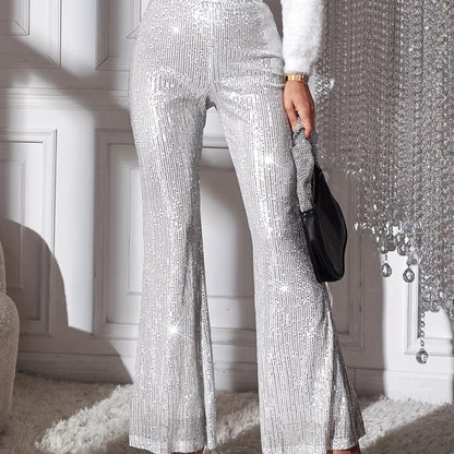 xieyinshe  Sequined Solid Flare Leg Pants, Elegant High Waist Fashion Pants, Women's Clothing