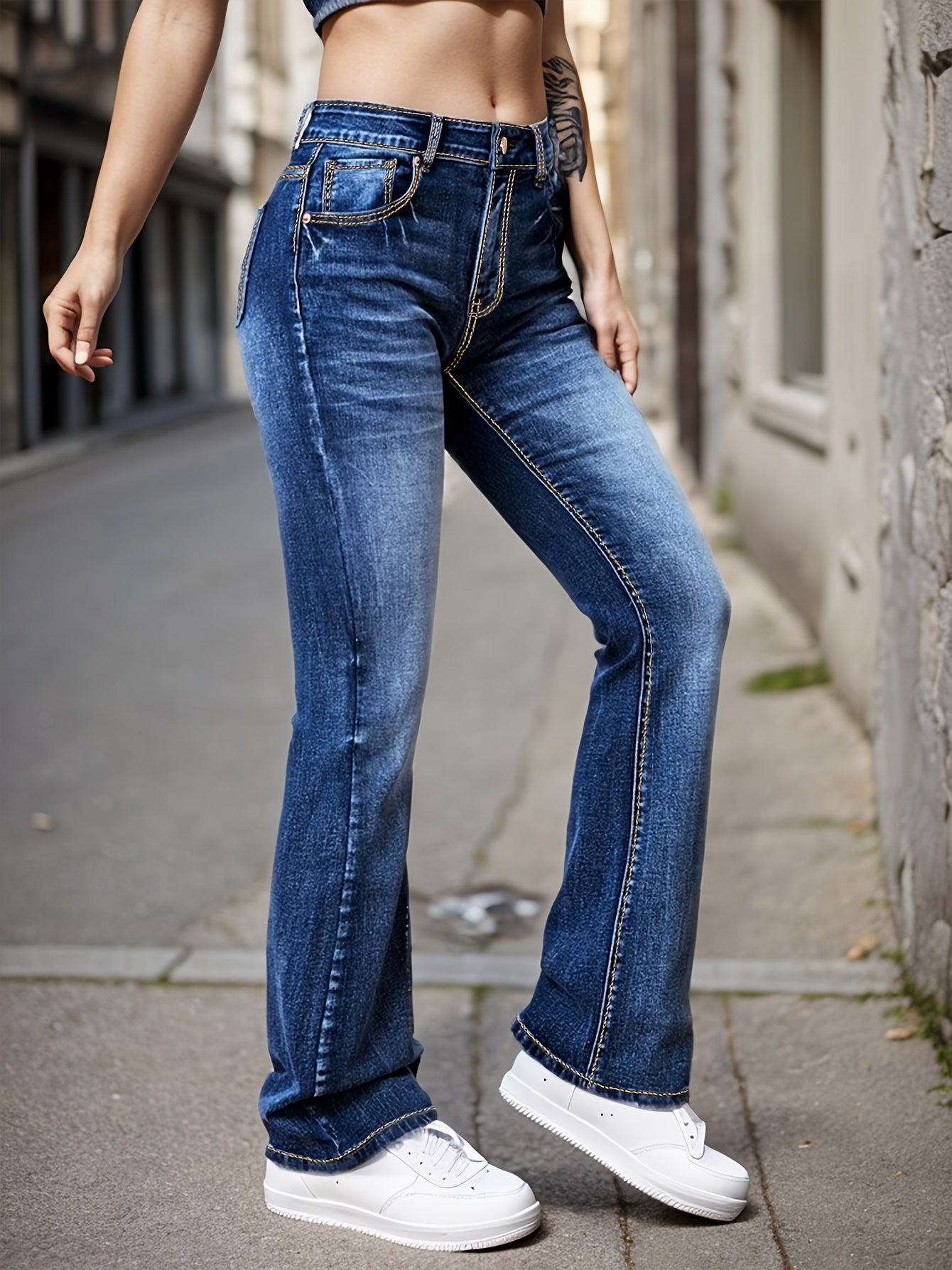 xieyinshe  Leisure Bell Bottom Jeans, High Stretch Slim Fitted Denim Pants With Slant Pocket, Women's Denim Jeans & Clothing