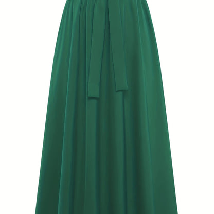 Solid Belted Maxi Skirts, Elegant Pleated Versatile Skirts, Women's Clothing