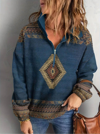 xieyinshe  Aztec Print Half Zip Pullover Sweatshirt, Casual Long Sleeve Lapel Sweatshirt For Fall & Winter, Women's Clothing