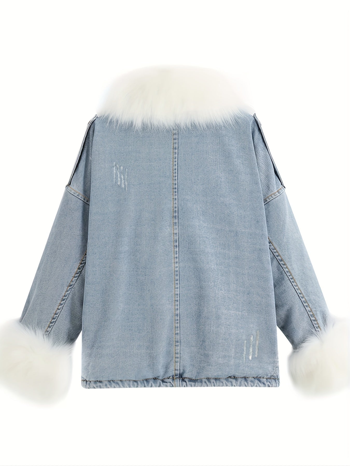 Fluffy Plush Collar & Cuffs Winter Warm Fur Fleece Coat, Extra Large Square Pockets Drawstring Hem Denim Jacket, Women's Denim Jackets