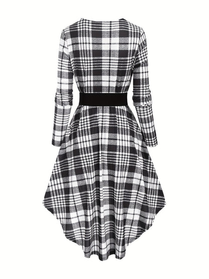 Plaid Print Splicing Dress, Vintage Long Sleeve Bodycon Dress, Women's Clothing