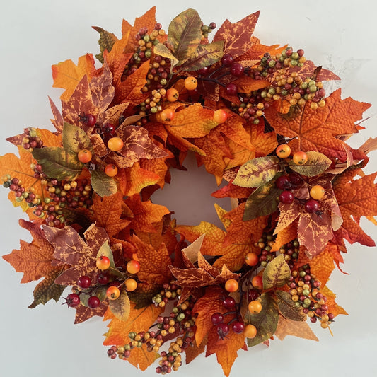 21.65in Autumn Harvest Classic Maple Leaf Wreath - Vibrant Artificial Wall Hanging with Berry Accents, No Feathers, Perfect for Home, Office, Party Decor, Thanksgiving, Lei Day, Easy to Install, No Electricity Required, Durable, and Reusable