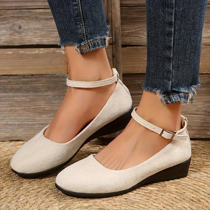 Women's Solid Color Casual Shoes, Ankle Buckle Strap Shallow Mouth Daily Shoes, Lightweight Wedge Soft Shoes