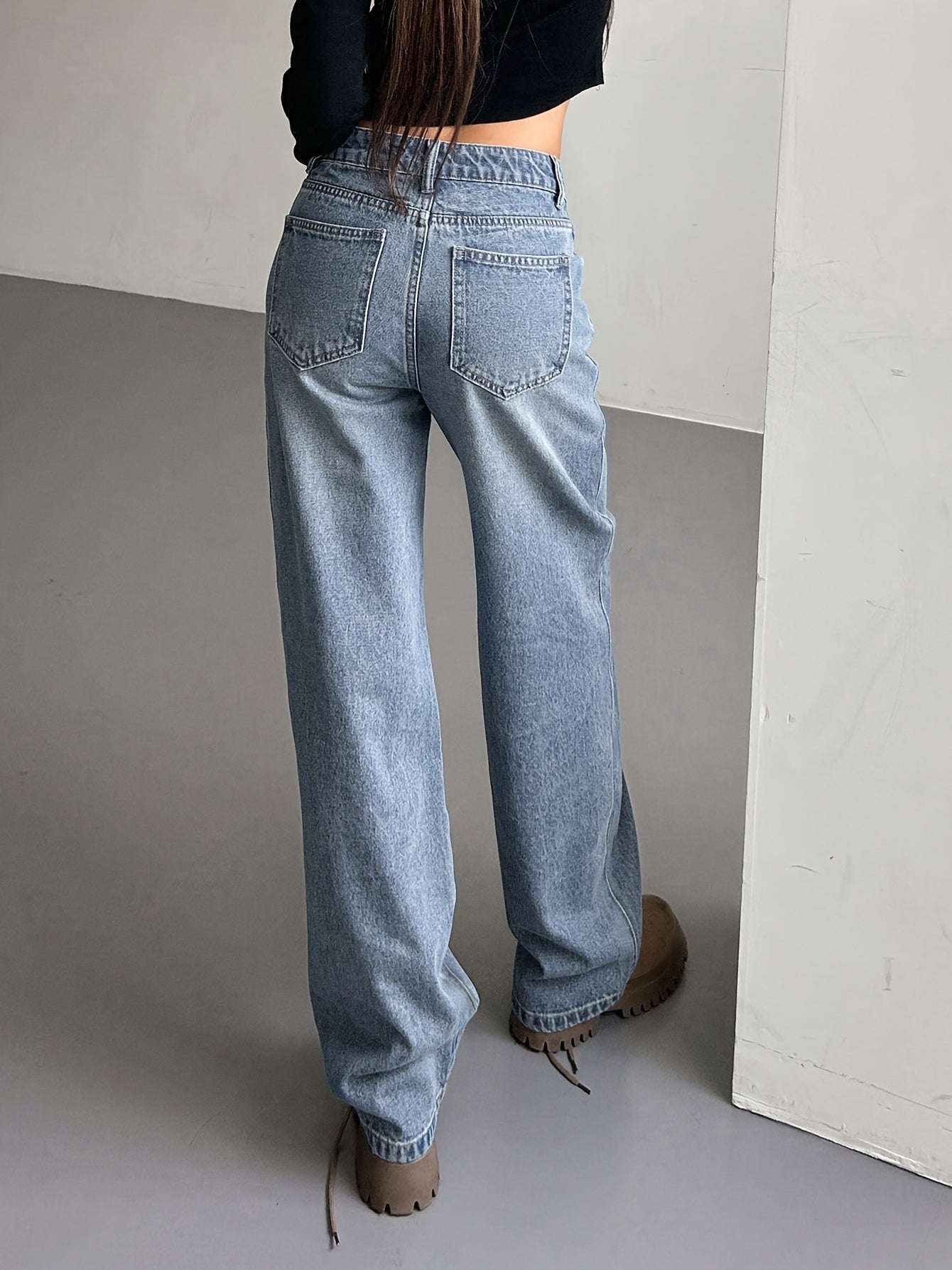 xieyinshe  Loose Fit Washed Straight Jeans, Slant Pockets Non-Stretch Casual Denim Pants, Women's Denim Jeans & Clothing