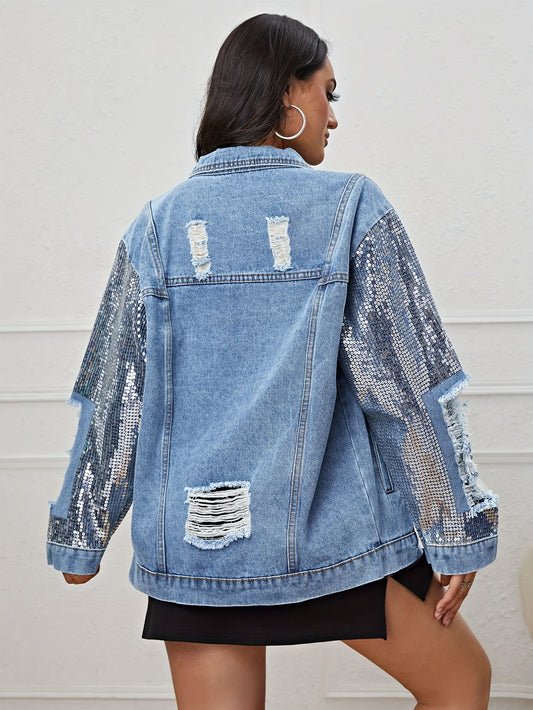 Sequin Long Sleeve Oversized Denim Jackets, Flap Pocket Loose Fit Ripped Distressed Denim Coats, Women's Denim & Clothing