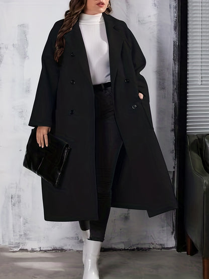 Plus Size Elegant Coat, Women's Plus Solid Long Sleeve Lapel Collar Double Breasted Button Up Trench Coat