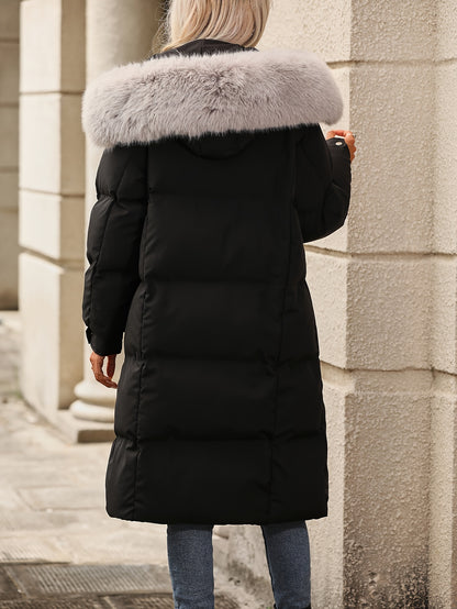 xieyinshe  Fluffy Trim Warm Hooded Coat, Casual Button Front Long Sleeve Winter Outerwear, Women's Clothing