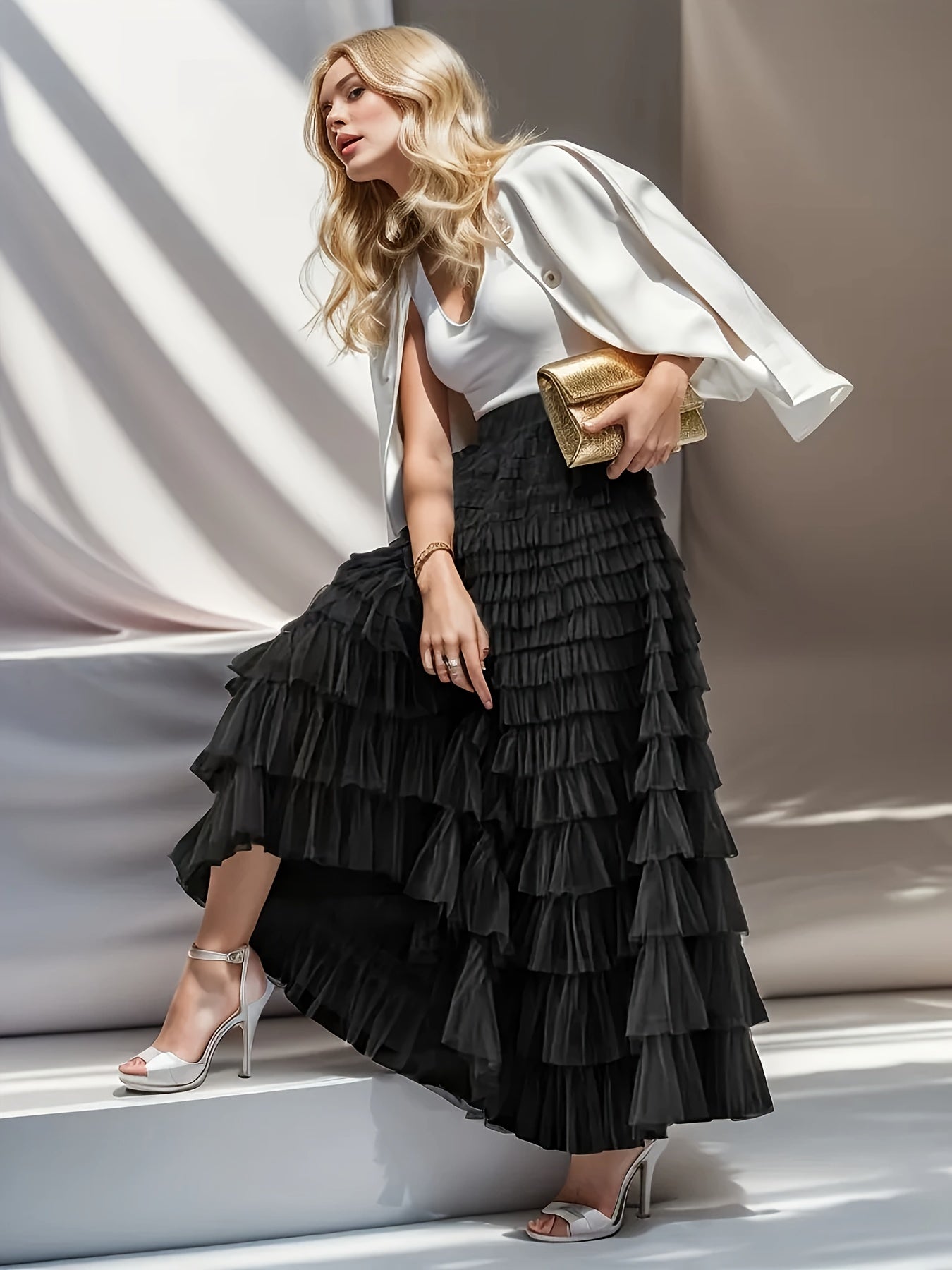 Multilayer Ruffles Tulle Skirt, Casual Fluffy Skirt For Spring & Summer, Women's Clothing