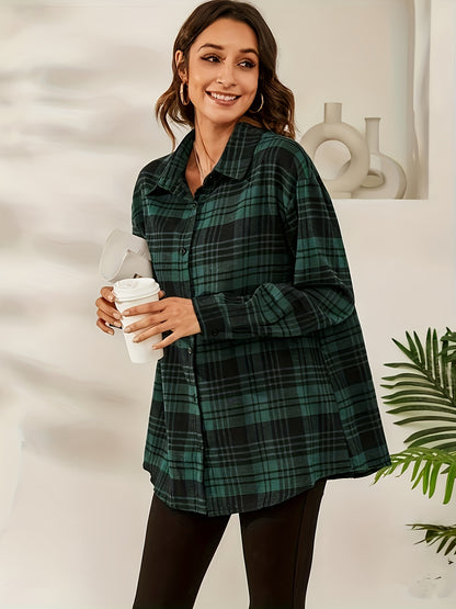 Plaid Button Front Shirt, Versatile Drop Shoulder Shirt For Spring & Fall, Women's Clothing