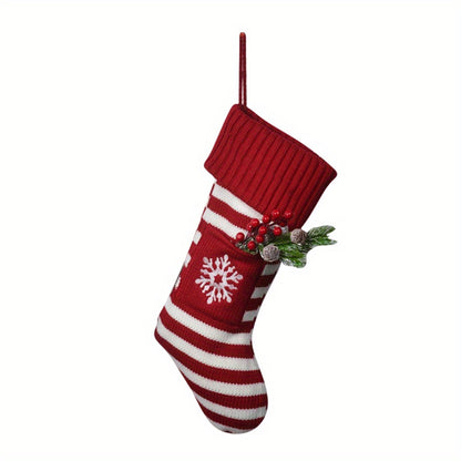 1pc Cozy Festive Knitted Striped Christmas Stocking Sock Gift Bag - Decorative Holiday Home Decorations with Soft Fabric and Traditional Design