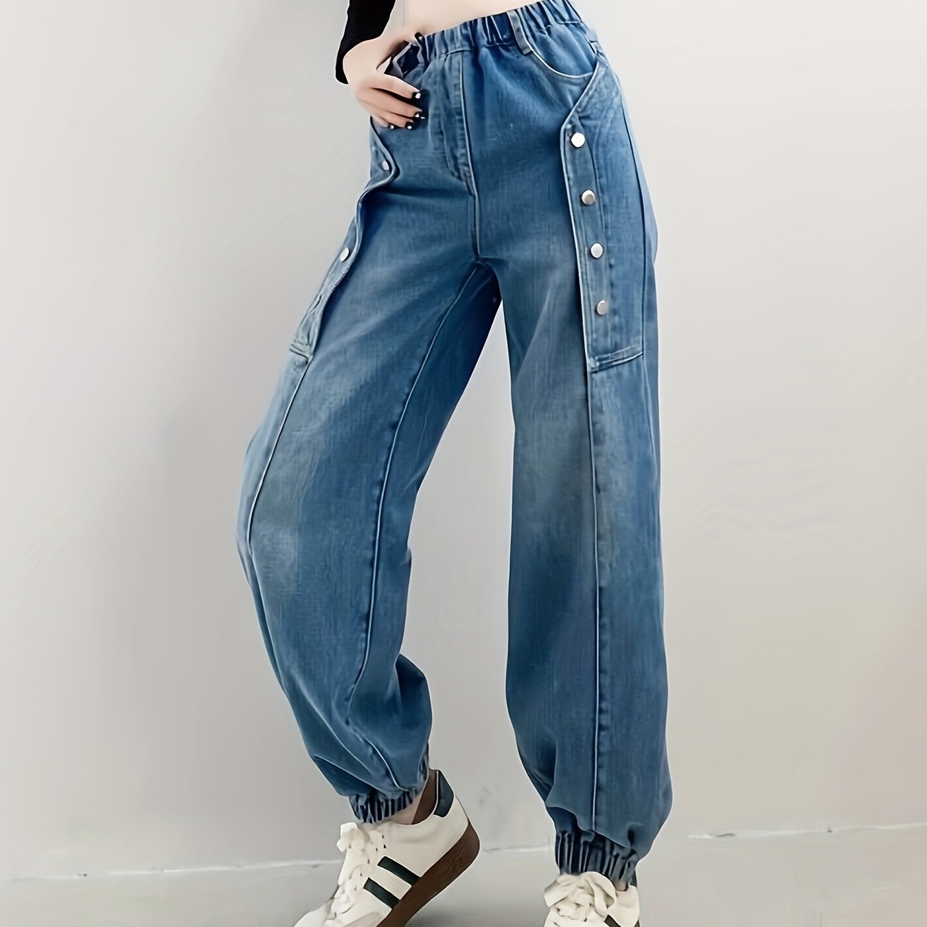 xieyinshe  Girls Trendy Button Design Jeans Everyday Comfy Loose Denim Jogger Trousers For Street Outfit