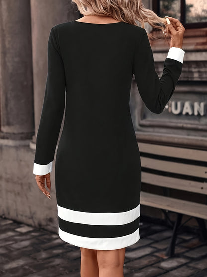 xieyinshe  Color Block Long Sleeve Dress, Casual Crew Neck A-line Knee Length Dress, Women's Clothing