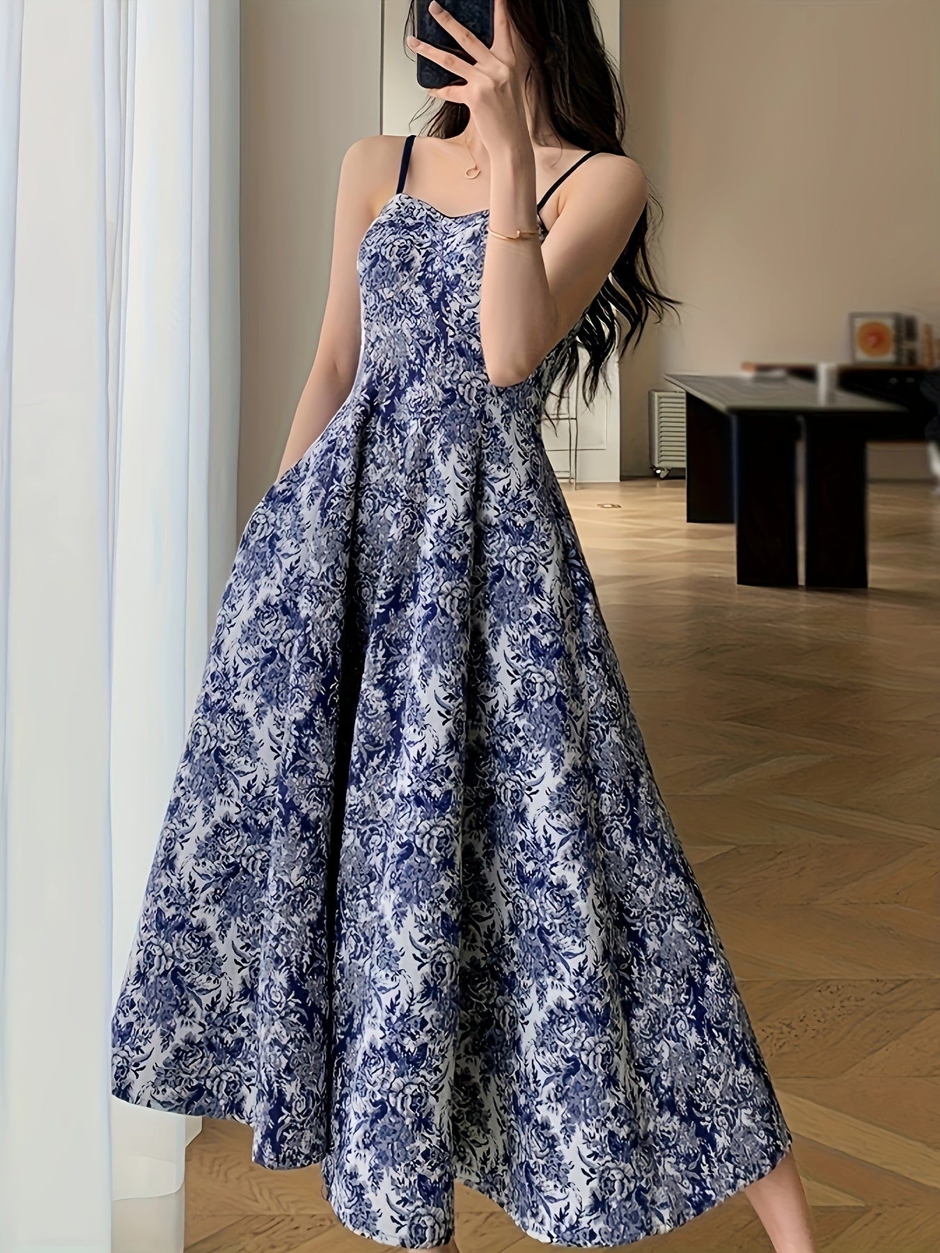 xieyinshe  Floral Print Swing Cami Dress, Elegant Sleeveless Spaghetti Strap Dress, Women's Clothing