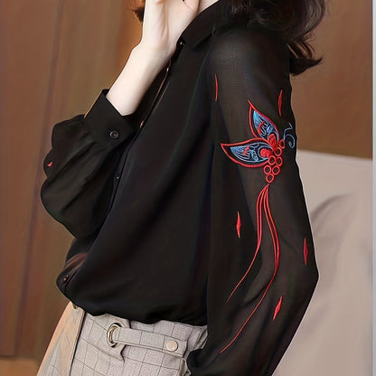 Button Front Embroidered Shirt, Casual Long Sleeve Semi-sheer Shirt For Spring & Fall, Women's Clothing