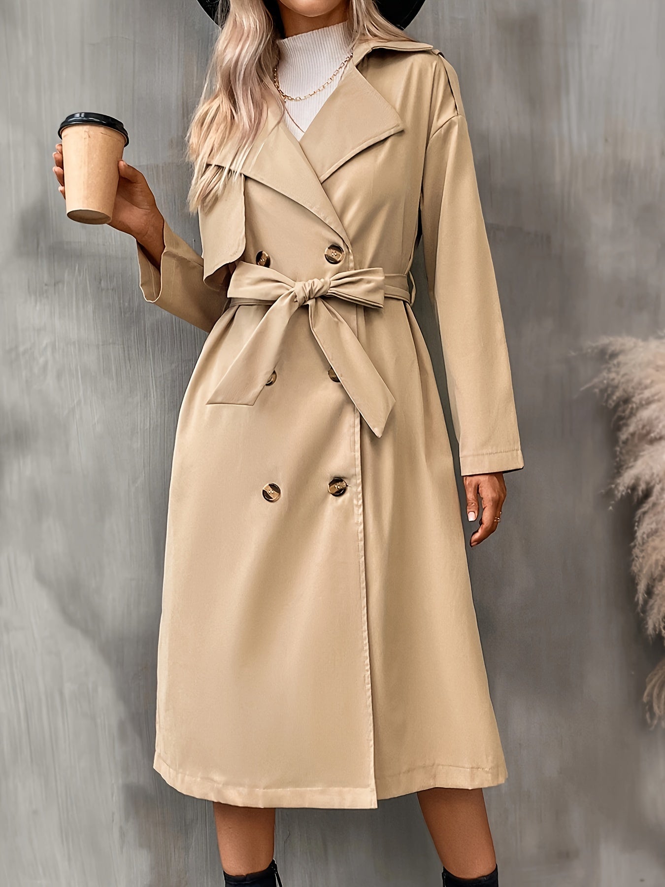 xieyinshe Double Breasted Belted Trench Coat, Vintage Solid Lapel Drop Shoulder Overcoat, Women's Clothing