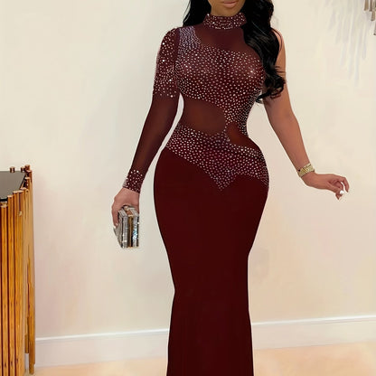 Solid Rhinestone Party Dresses, Mesh Sexy Slim Dress Evening Dress, Women's Clothing