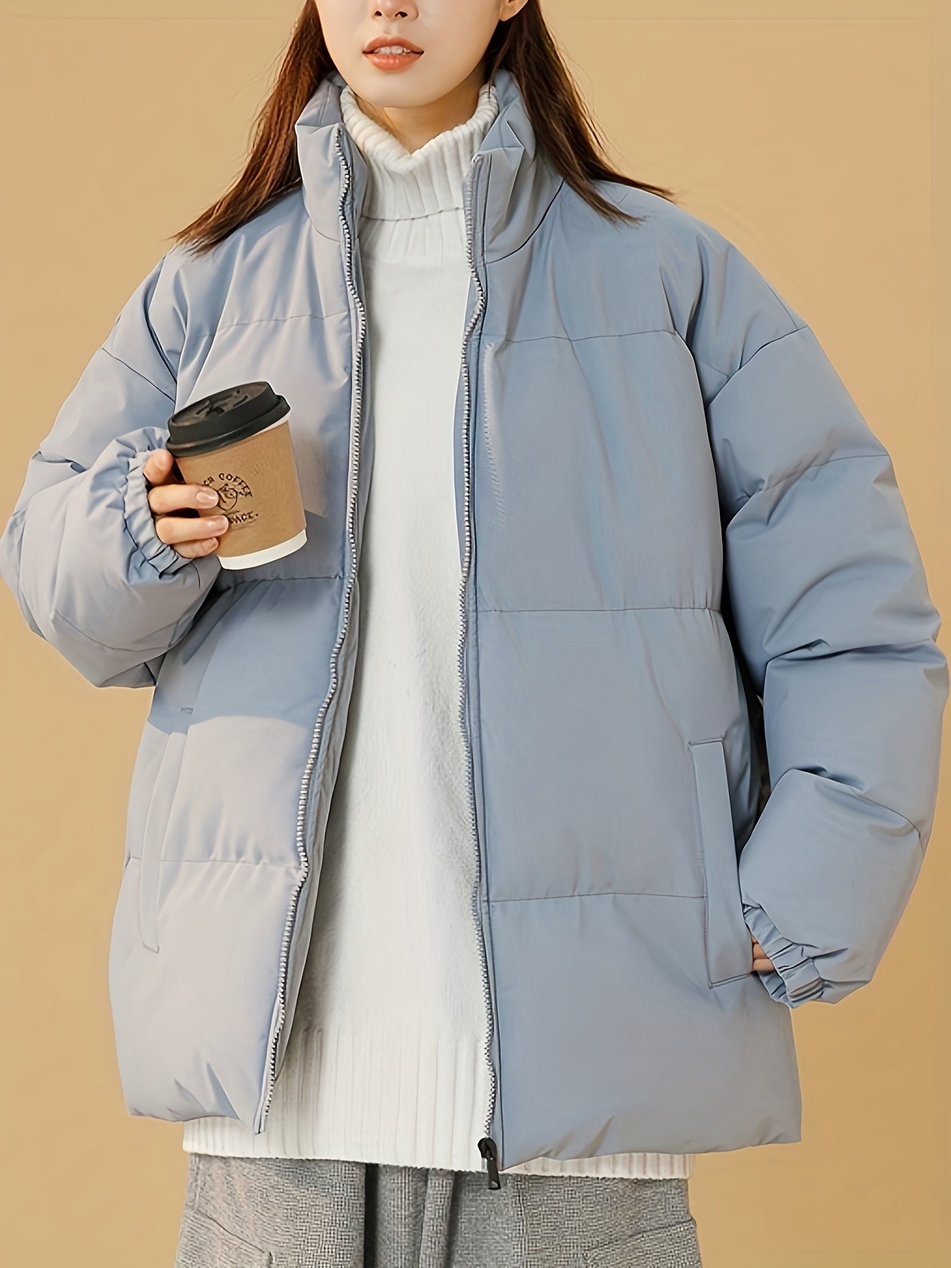 Women's Windproof Thermal Zip Up Thicken Jacket Coat, Solid Color Stand Collar Casual Coat