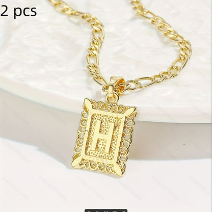 2 pcs Personalized Initial Letter Pendant Necklace - 18K Gold Plated Square Capital Monogram in Figaro Chain - Fashionable Alloy Necklace for Men and Women with A-Z Alphabet Options