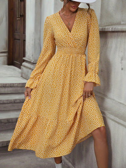 xieyinshe  Pin Dot Print High Waist Dress, Elegant V Neck Long Sleeve Maxi Dress, Women's Clothing