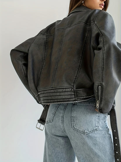xieyinshe  Vintage Lapel Belted Biker Jacket, Long Sleeve Slant Zipper Pockets Loose Jacket, Women's Clothing
