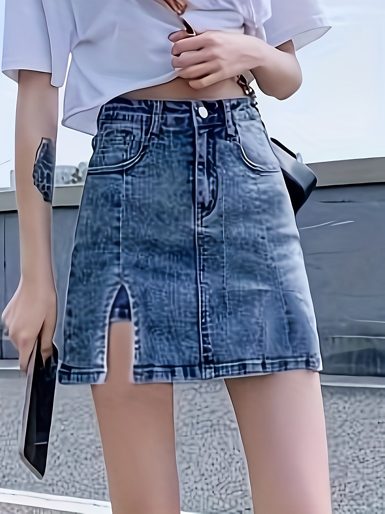 xieyinshe  Split Plain Washed Blue Mini Denim Skirt, Zipper Button Closure High Rise Denim Skorts, Women's Denim Jeans & Clothing