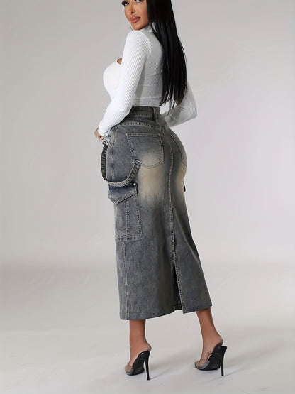 xieyinshe Side Flap Pocket Vintage Washed Midi Denim Skirt, Medium Stretch Strappy Elegant Denim Skirt, Women's Denim Jeans & Clothing