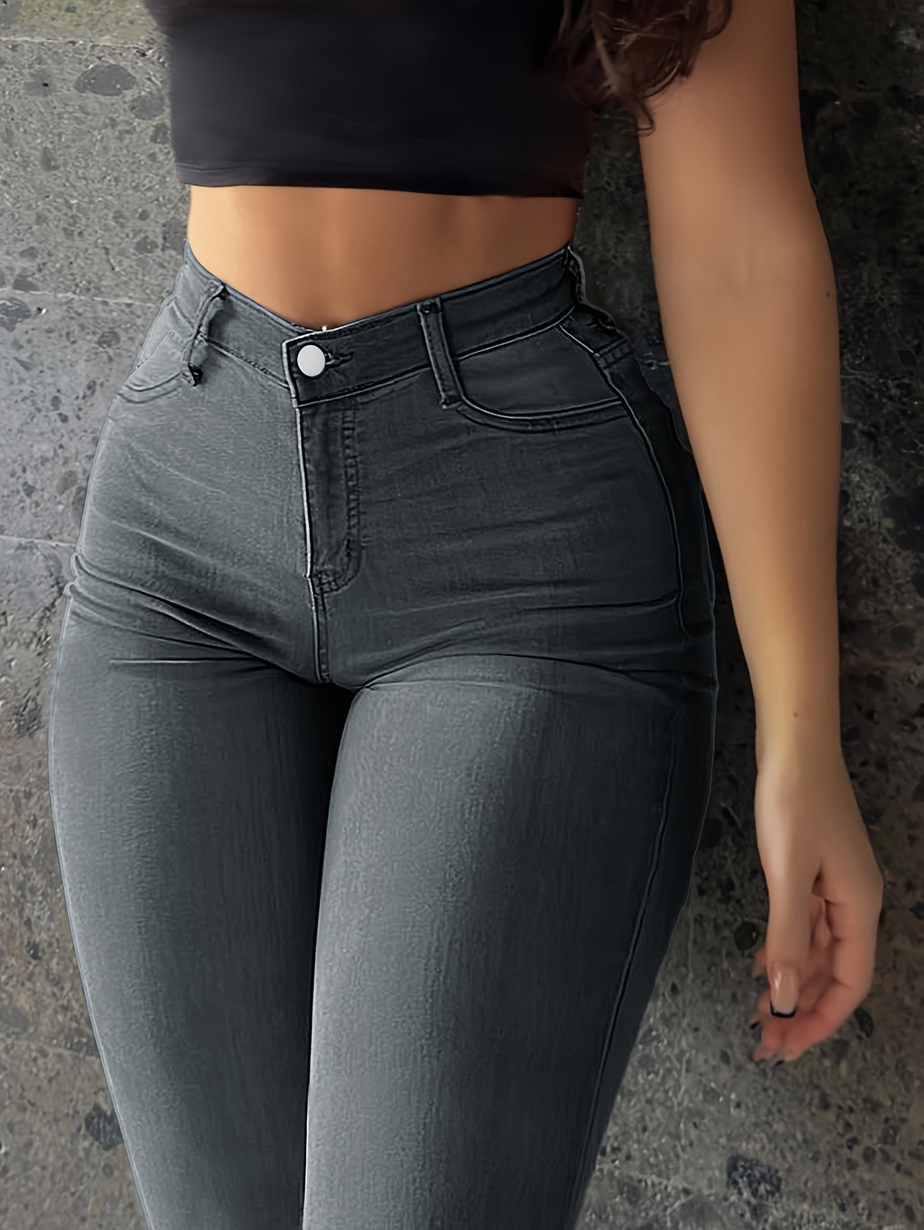 xieyinshe Solid High Waist Skinny Jeans, Button Zipper Closure Streetwear Elastic Denim Pants, Women's Denim Jeans & Clothing