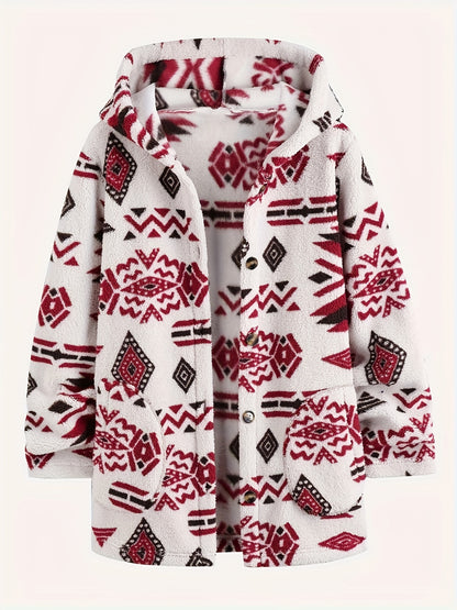 Aztec Print Hoodie Plush Coat, Casual Slant Pockets Button Front Outerwear, Women's Clothing