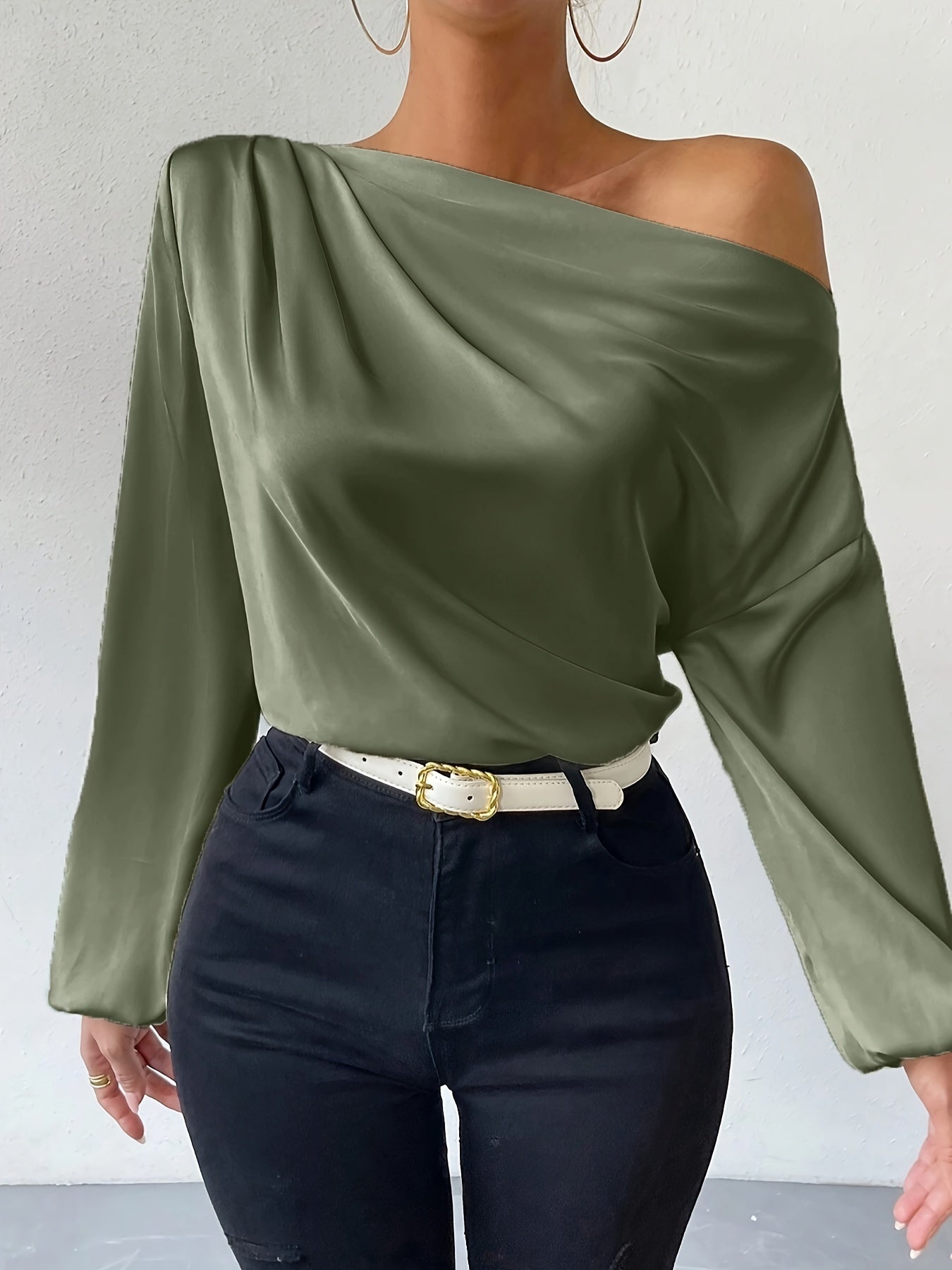 xieyinshe  Solid One-shoulder Skew Neck Blouse, Elegant Long Sleeve Blouse For Spring & Fall, Women's Clothing