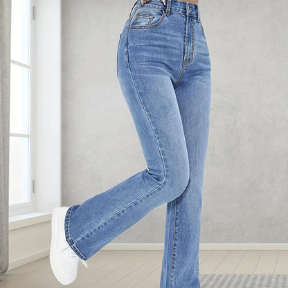 xieyinshe  Light Blue Casual Bootcut Jeans, Mid-Stretch Slant Pockets High Waist Denim Pants, Women's Denim Jeans & Clothing