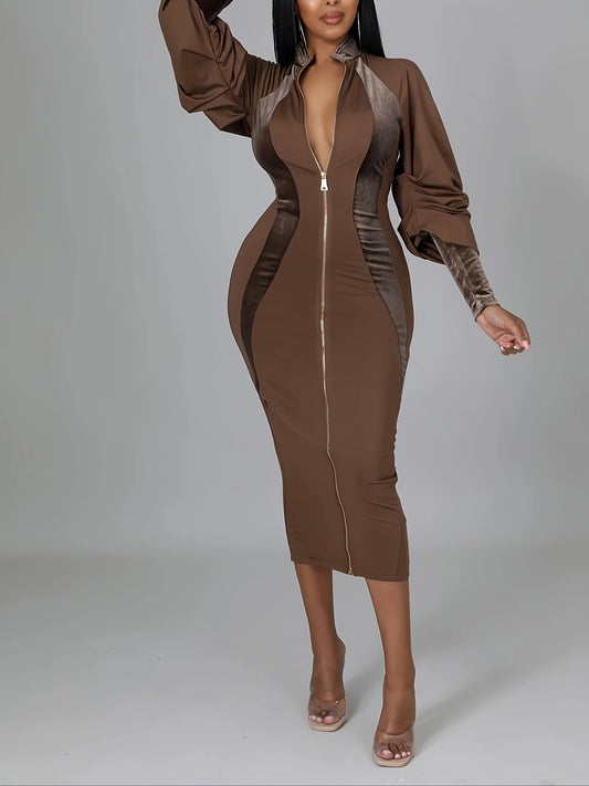 Zip Up Bodycon Dress, Casual Long Sleeve Solid Midi Dress, Women's Clothing