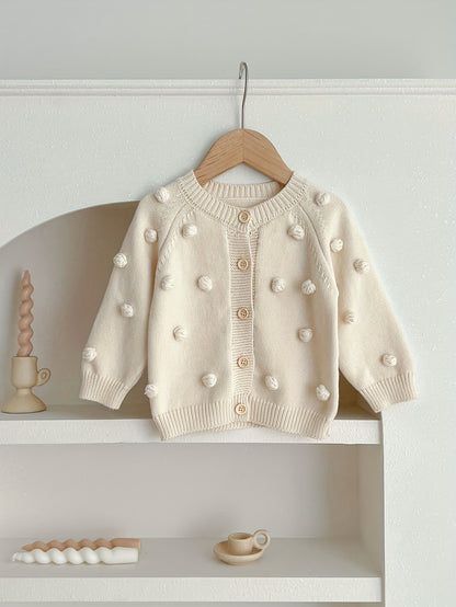 Girls Charming Cotton Cardigan Sweater with Round Ball Detail - Soft 10% Cotton Blend, Casual & Warm for Spring and Autumn - Perfect for Little Fashionistas, Small Size