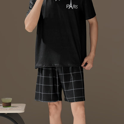 2 Pcs Mens Pajama Sets - Stylish Letter Pattern Short Sleeve T-Shirts & Soft Plaid Shorts, Gentle Style for Relaxed Fit, Ultra-Soft Fabric, Perfect for Mens Summer Lounging and Relaxation, Ideal Cozy Loungewear for Warm Weather