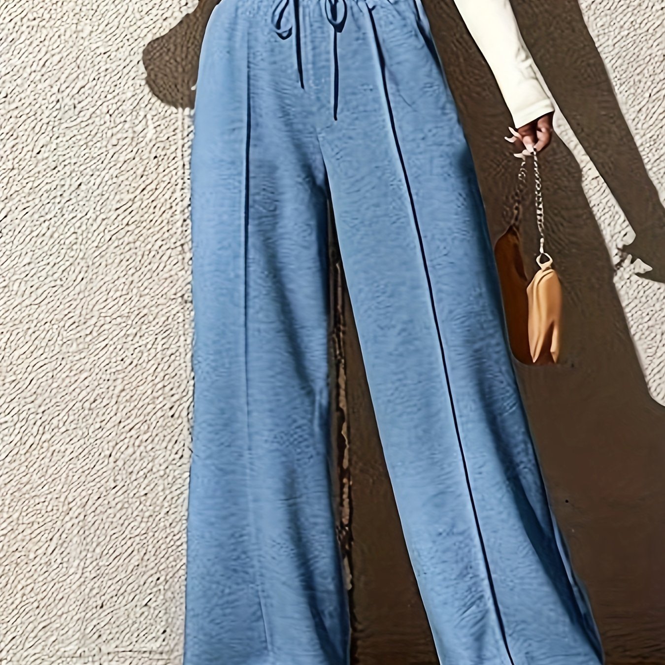 xieyinshe  Drawstring Loose Solid Pants, Casual Wide Leg Long Length Pants, Women's Clothing