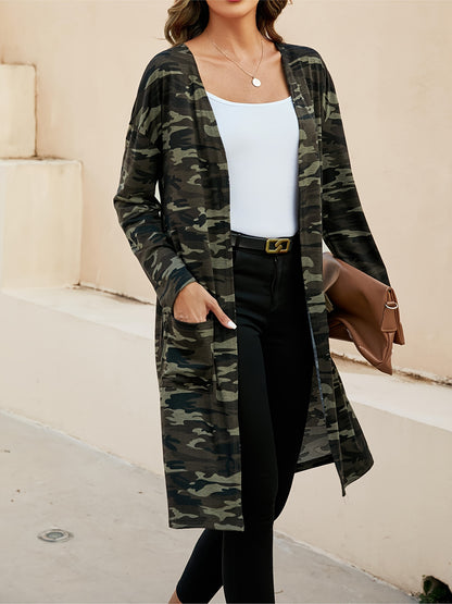 Camo Print Mid Length Coat, Casual Open Front Long Sleeve Outerwear, Women's Clothing