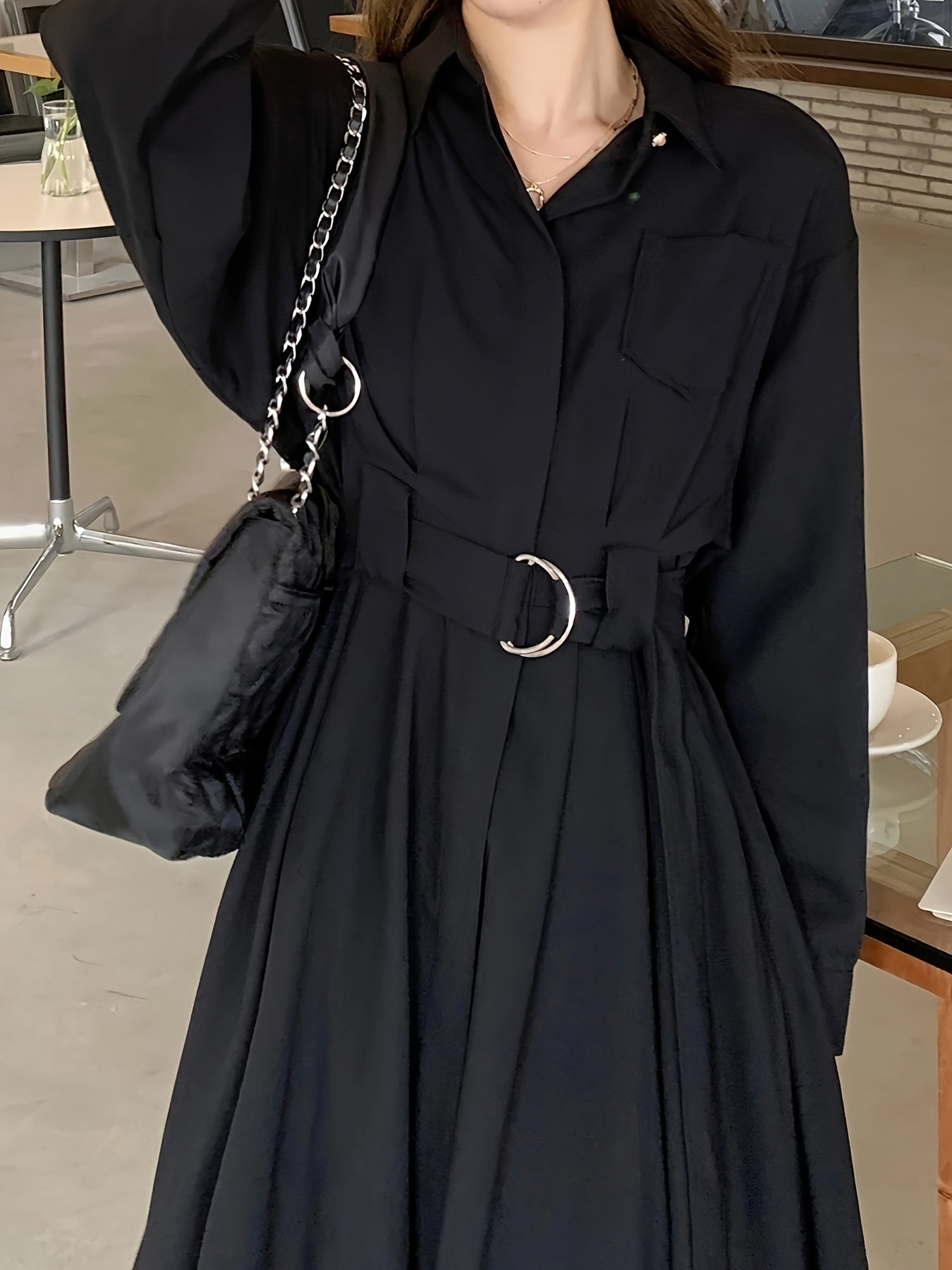 xieyinshe  Solid Lapel Neck Belt Dress, Elegant Long Sleeve Flare Midi Dress, Women's Clothing