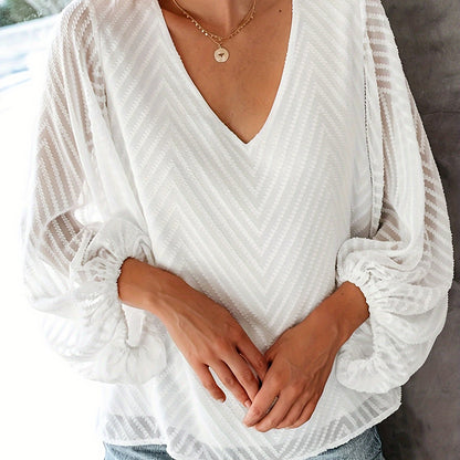 Solid Textured Simple V-neck Blouse, Versatile Lantern Sleeve Blouse For Spring & Fall, Women's Clothing