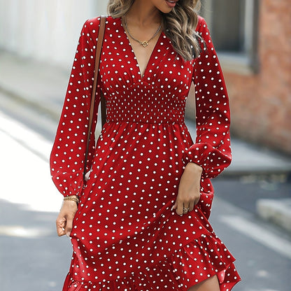 xieyinshe  Retro V-neck Ruffle Dress, Polka Dot Print Long Sleeve Waist Loose Summer Dresses, Women's Clothing