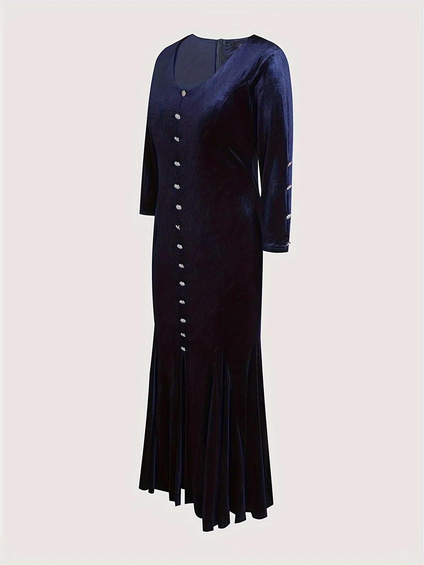 Solid Single Button V-neck Pleated Dress, Elegant Long Sleeve Velvet Dress For Party & Banquet, Women's Clothing