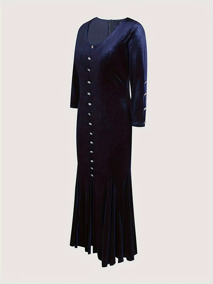 Solid Single Button V-neck Pleated Dress, Elegant Long Sleeve Velvet Dress For Party & Banquet, Women's Clothing