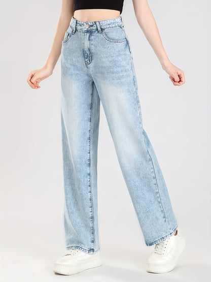 xieyinshe  Teen Girls Trendy Light-Washed High Waist Jeans Wide-Leg Denim Pants, Versatile Trousers For Youth Outwear