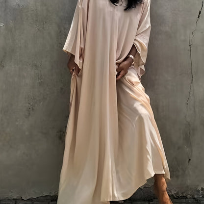 Solid V Neck Cover Up Dress, Loose Fit Split Non-Stretch Beachwear Kaftan, Women's Swimwear & Clothing